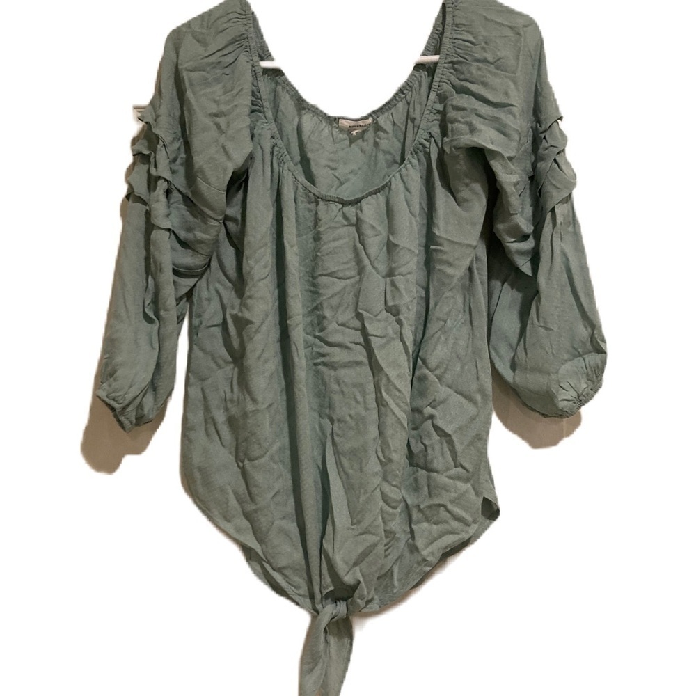Eyeshadow Green Ruffled Tie Front Blouse with Bib Collar